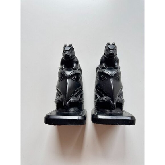 Vintage 70's BOMA CANADA Indigenous Northwest Haida Black Resin Totem Bookends - Picture 3 of 15